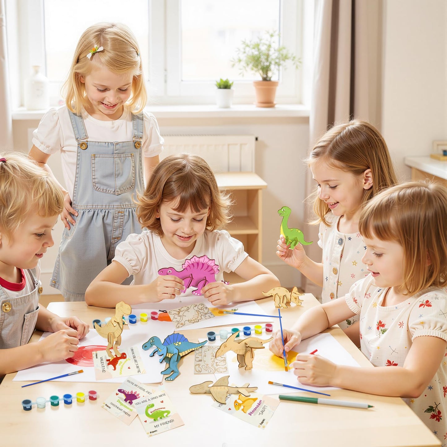 TORONTOKYO Valentines Day Gifts for Kids | 28 Dino Wood Painting Craft Kits