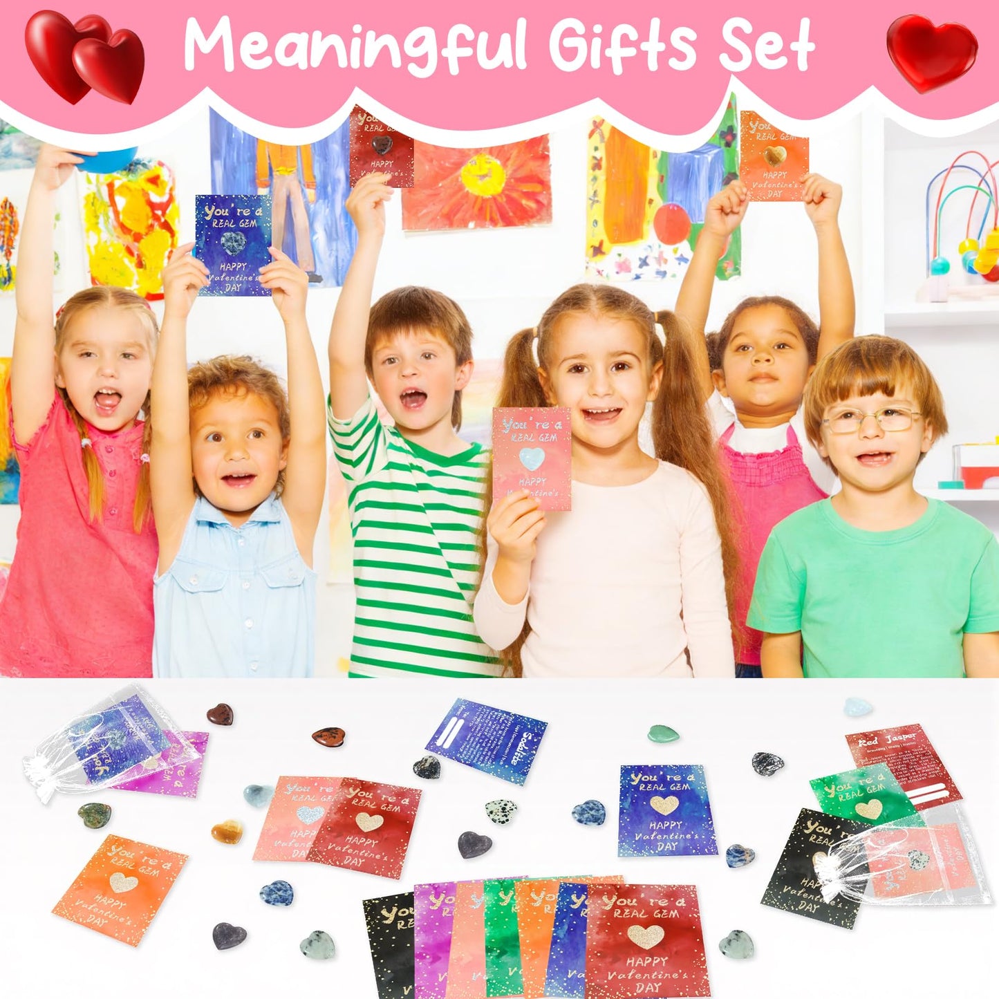 TORONTOKYO Valentines Day Gifts for Kids – 28 Heart Crystal Cards & Rock Goodie Bags
