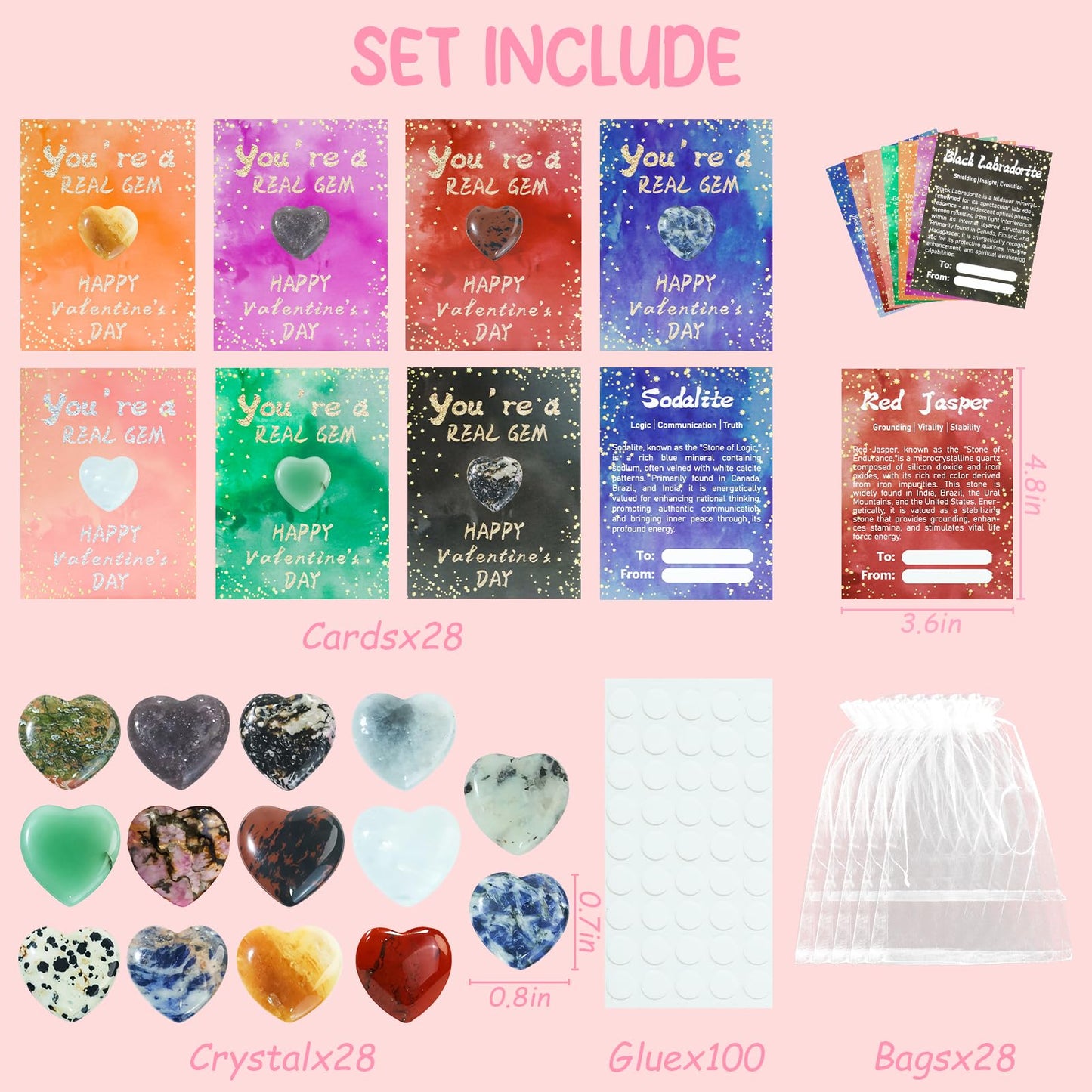 TORONTOKYO Valentines Day Gifts for Kids – 28 Heart Crystal Cards & Rock Goodie Bags