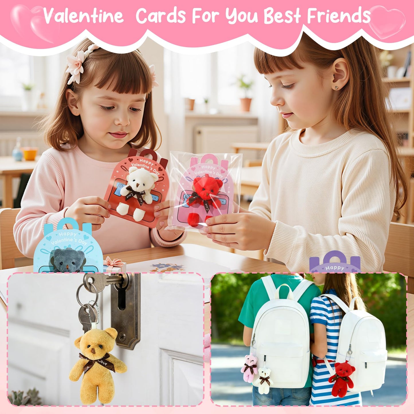 TORONTOKYO Valentines Day Gifts for Kids – 28-Pack Plush Bear Cards & Mini Keychains