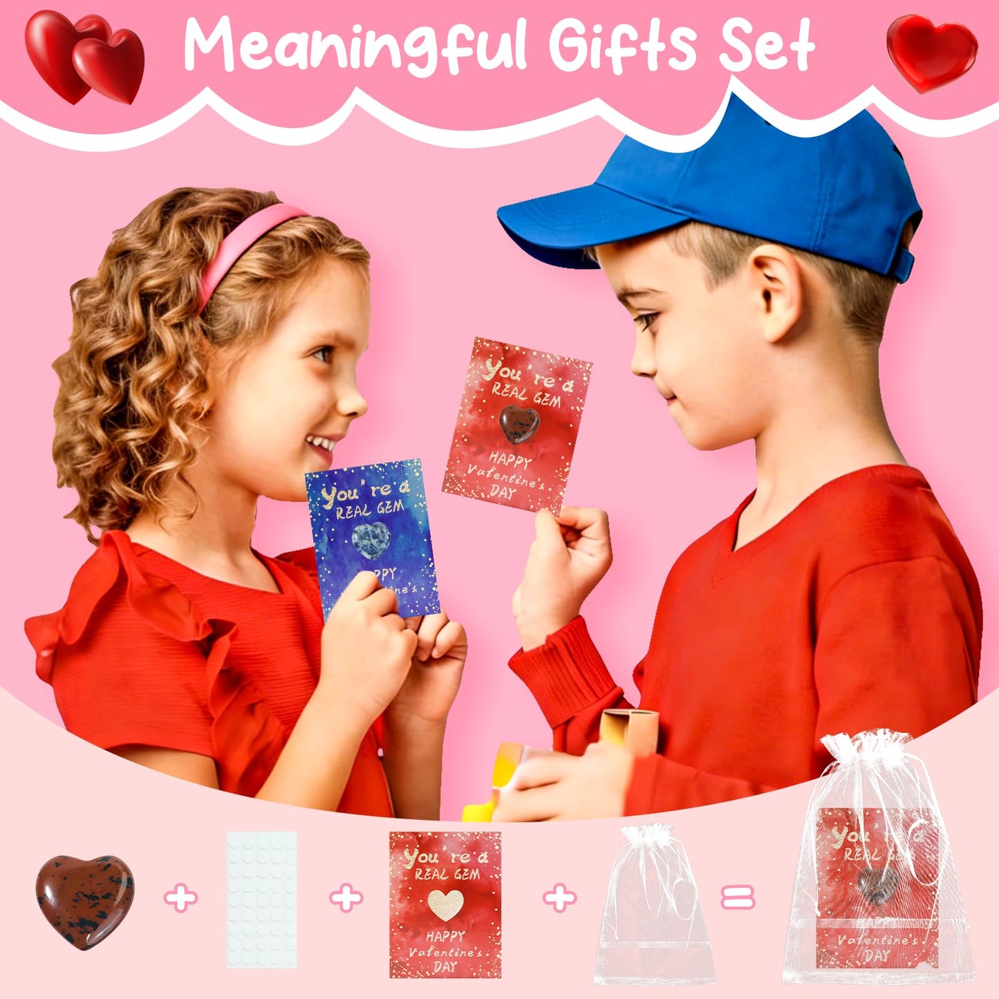 TORONTOKYO Valentines Day Gifts for Kids – 28 Heart Crystal Cards & Rock Goodie Bags