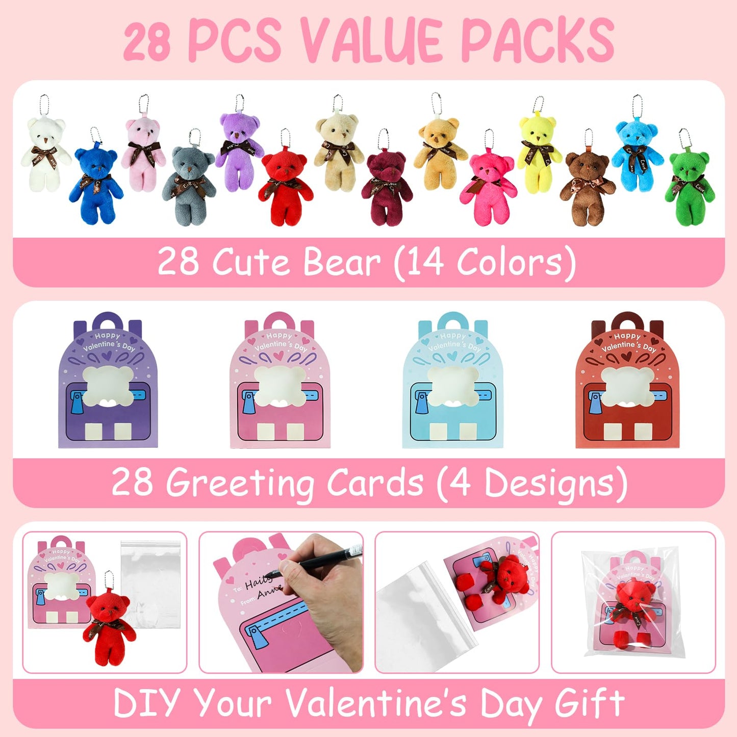 TORONTOKYO Valentines Day Gifts for Kids – 28-Pack Plush Bear Cards & Mini Keychains