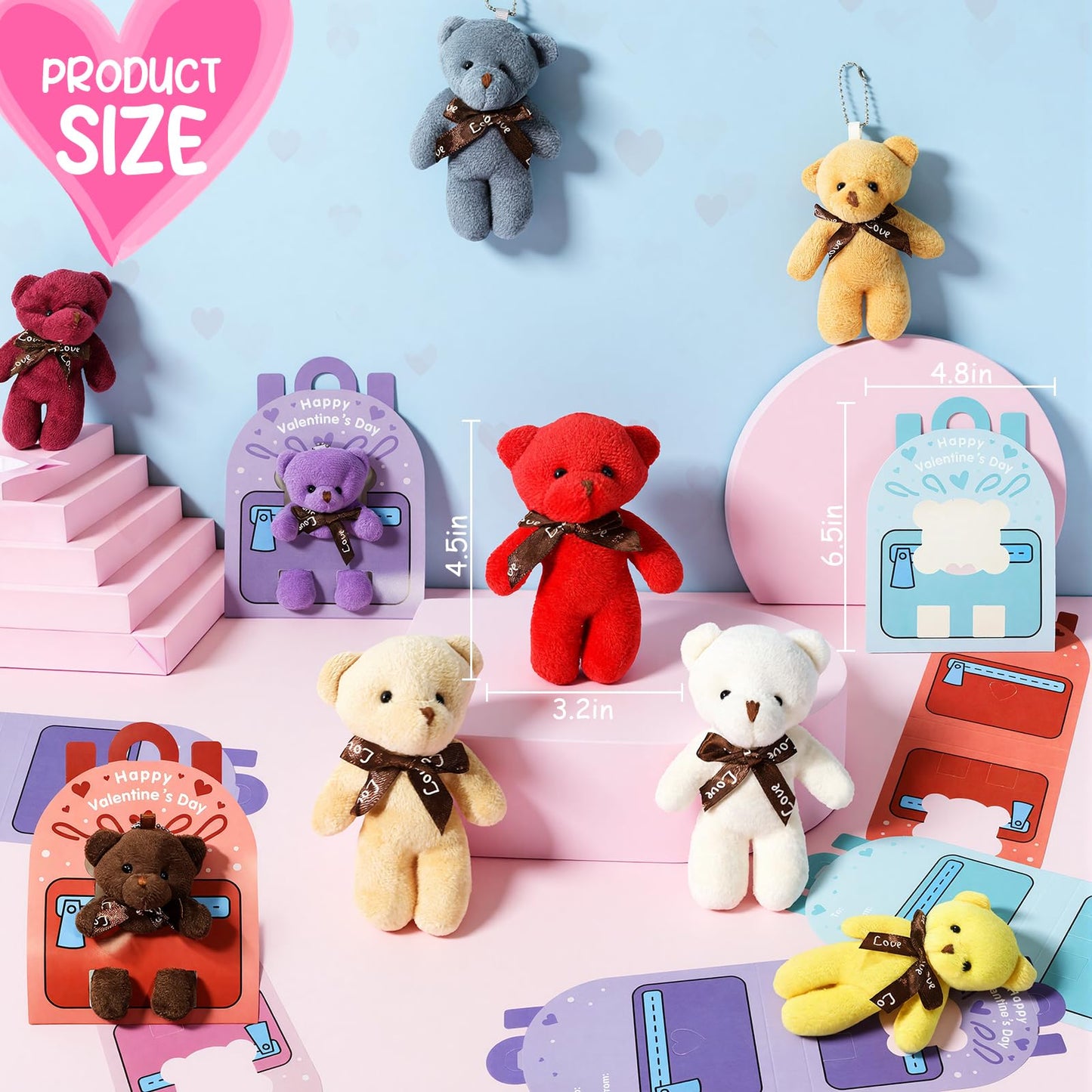 TORONTOKYO Valentines Day Gifts for Kids – 28-Pack Plush Bear Cards & Mini Keychains
