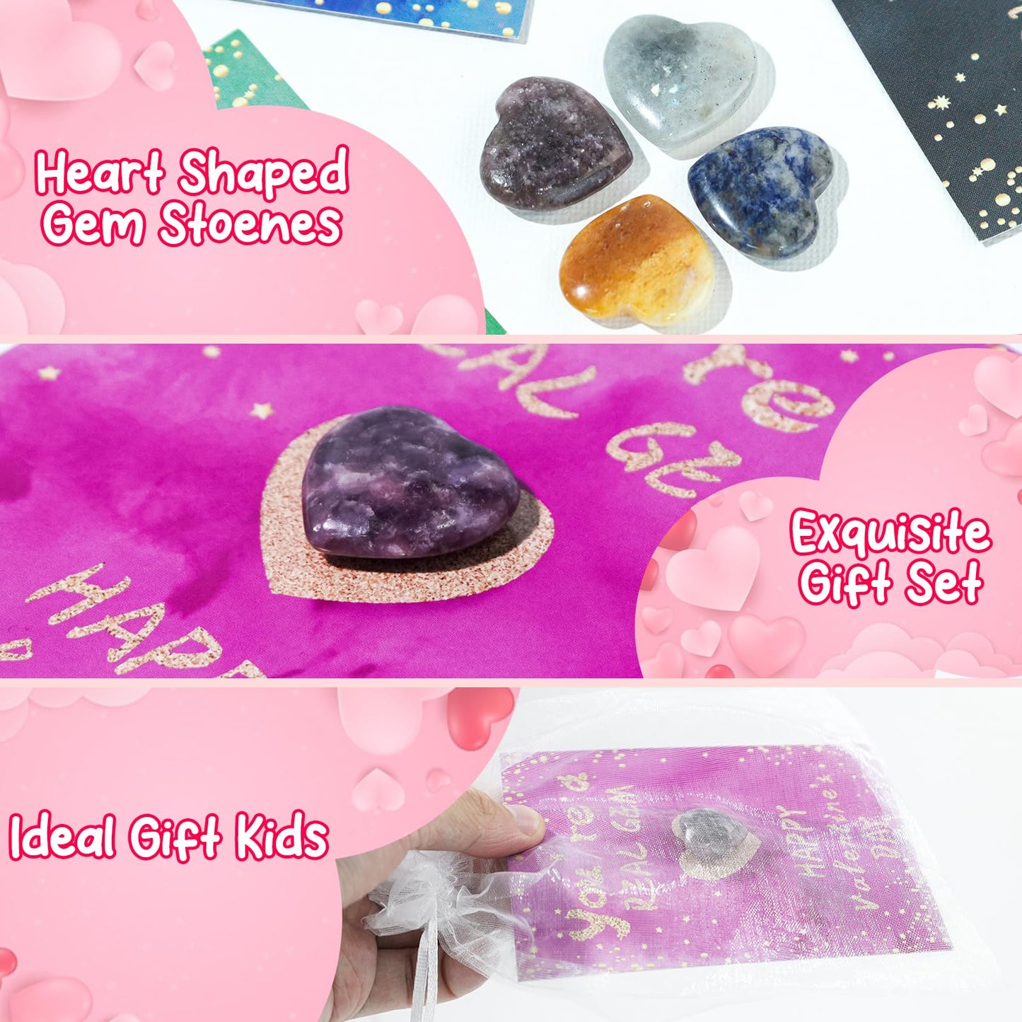 TORONTOKYO Valentines Day Gifts for Kids – 28 Heart Crystal Cards & Rock Goodie Bags
