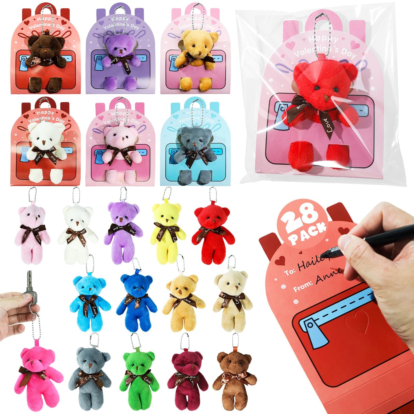 TORONTOKYO Valentines Day Gifts for Kids – 28-Pack Plush Bear Cards & Mini Keychains