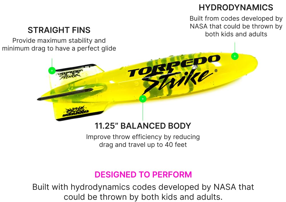 Torpedo Strike DartFin 11.25-inch Pro Size Pool Torpedo — Glides Up to 40 Feet Underwater