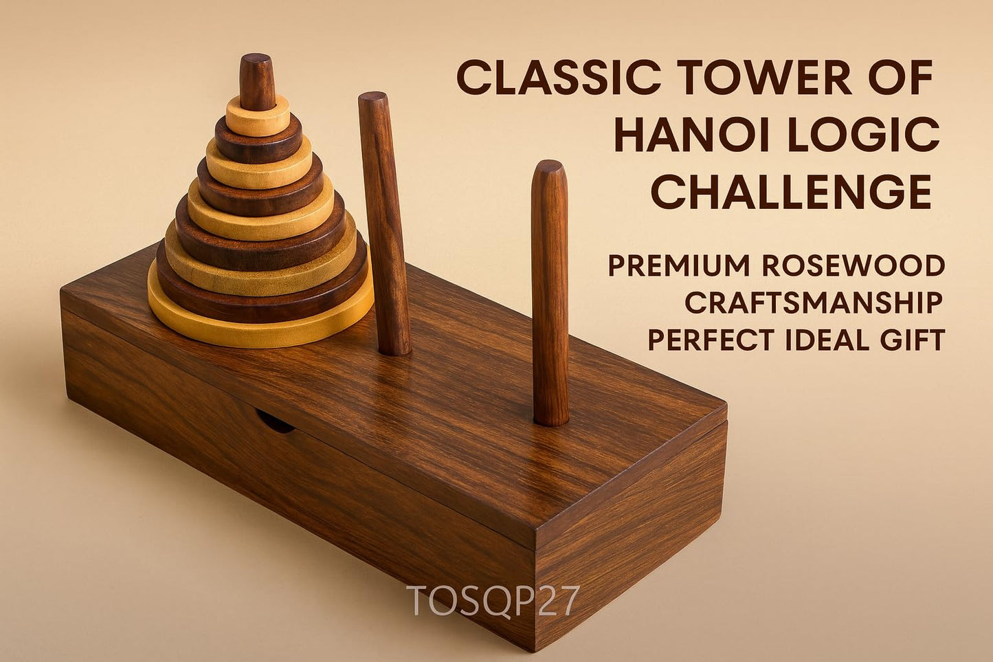 Tower of Hanoi Puzzle Gift – Premium Rosewood Brain Teaser by TOSQP27