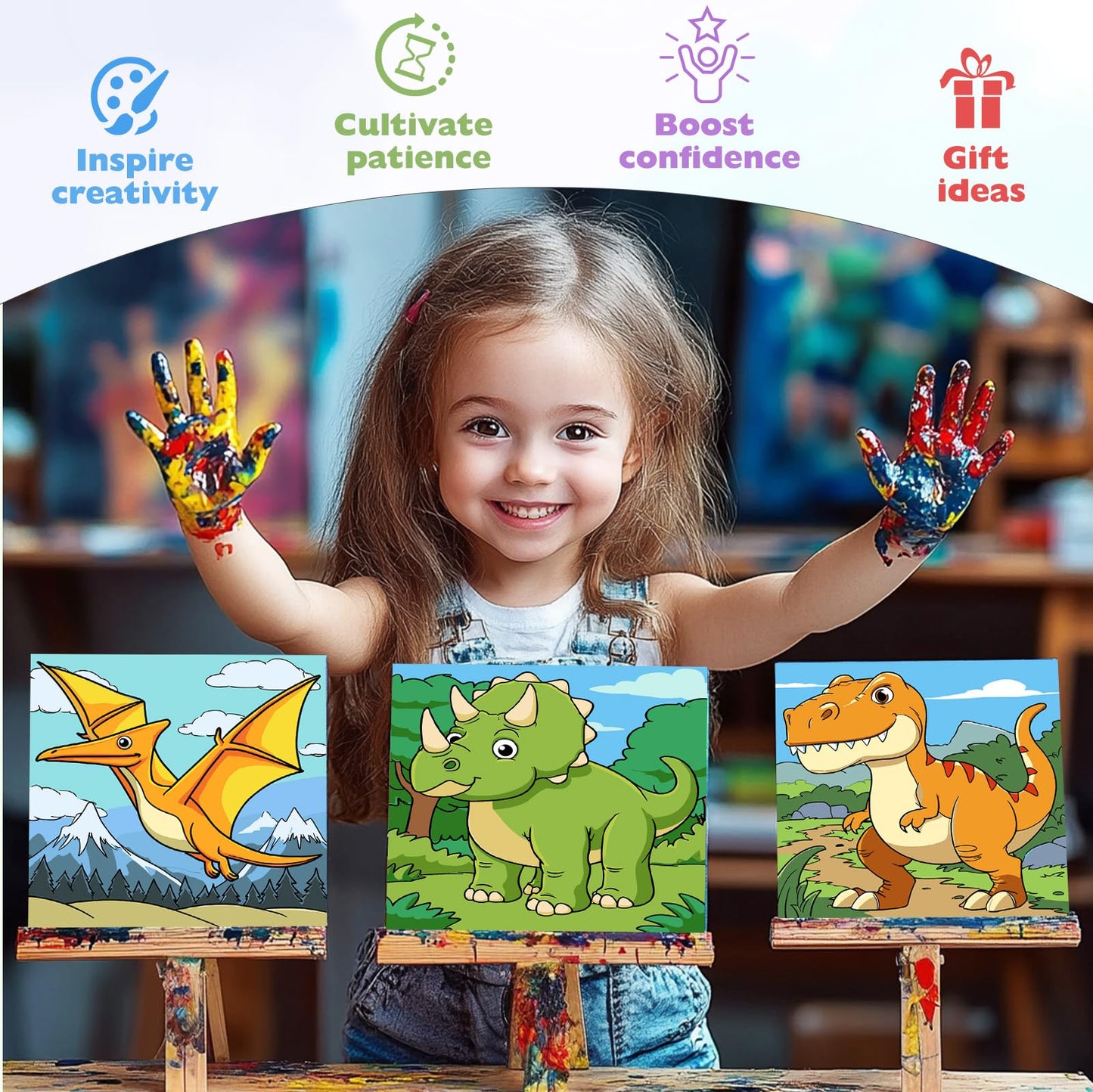 TOSTOG 4 Pack Paint by Number for Kids with Wooden Frame – Dinosaurs, 8x8in