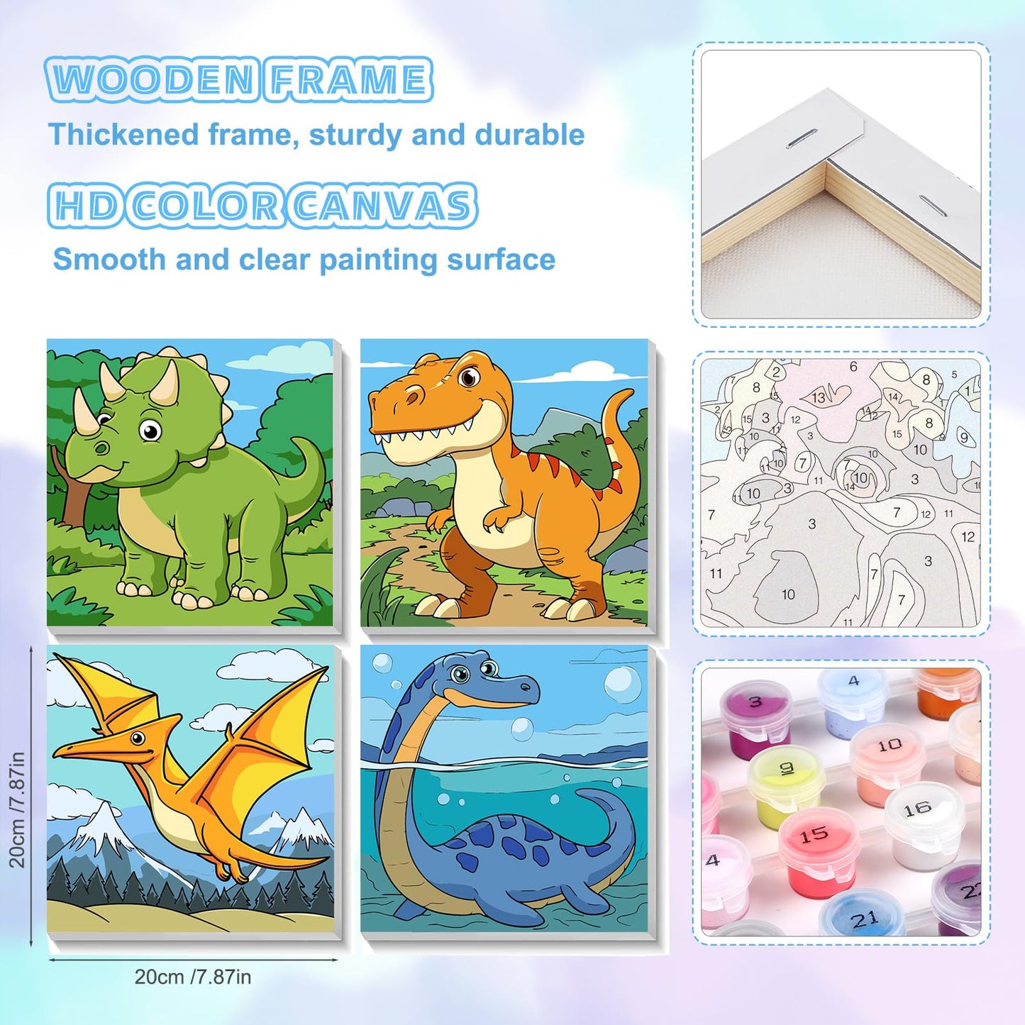 TOSTOG 4 Pack Paint by Number for Kids with Wooden Frame – Dinosaurs, 8x8in