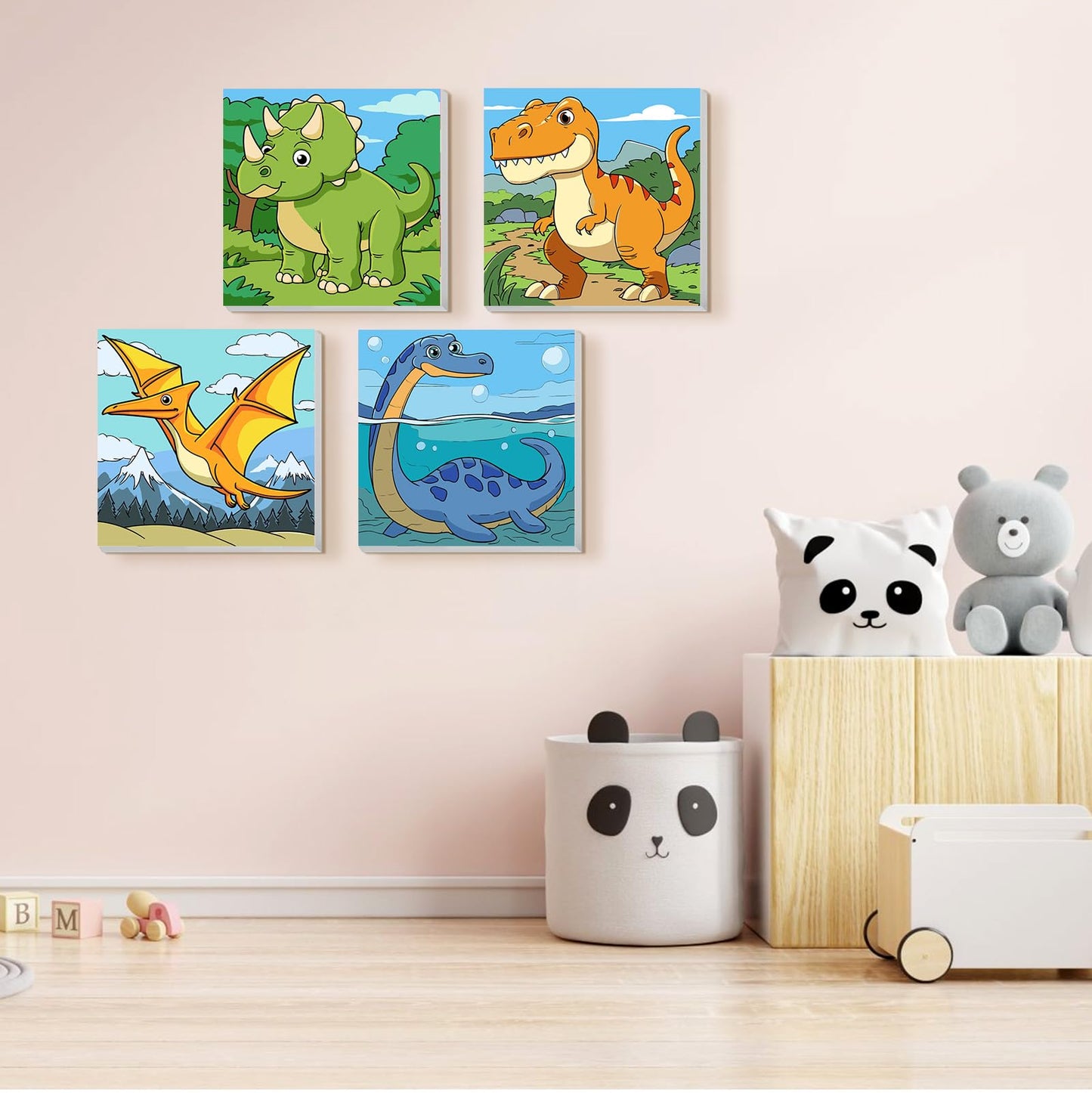 TOSTOG 4 Pack Paint by Number for Kids with Wooden Frame – Dinosaurs, 8x8in