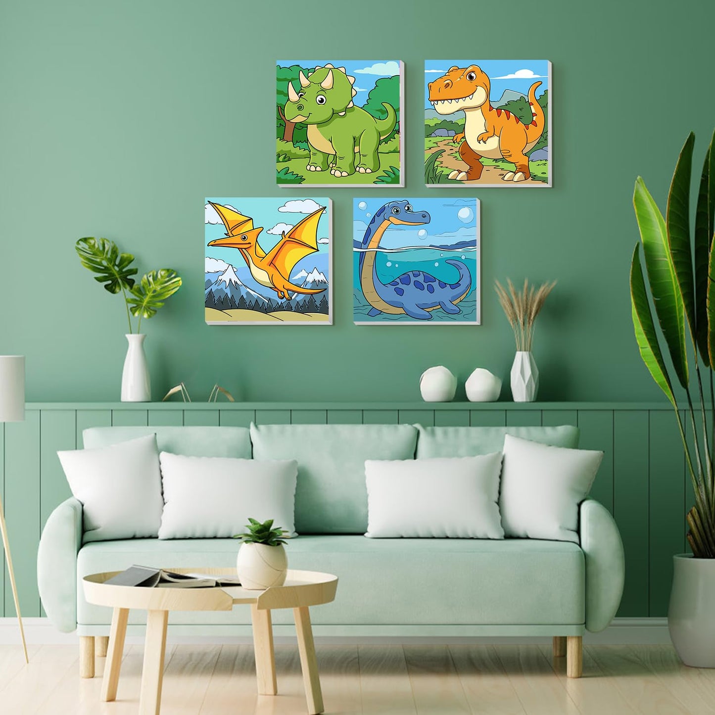 TOSTOG 4 Pack Paint by Number for Kids with Wooden Frame – Dinosaurs, 8x8in