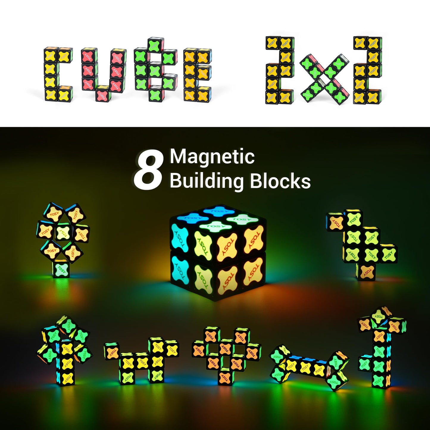 TOSY Magnet Cube 2x2 – Glow-in-the-Dark Magnetic Puzzle & Customizable Infinity Cube | STEM Toy