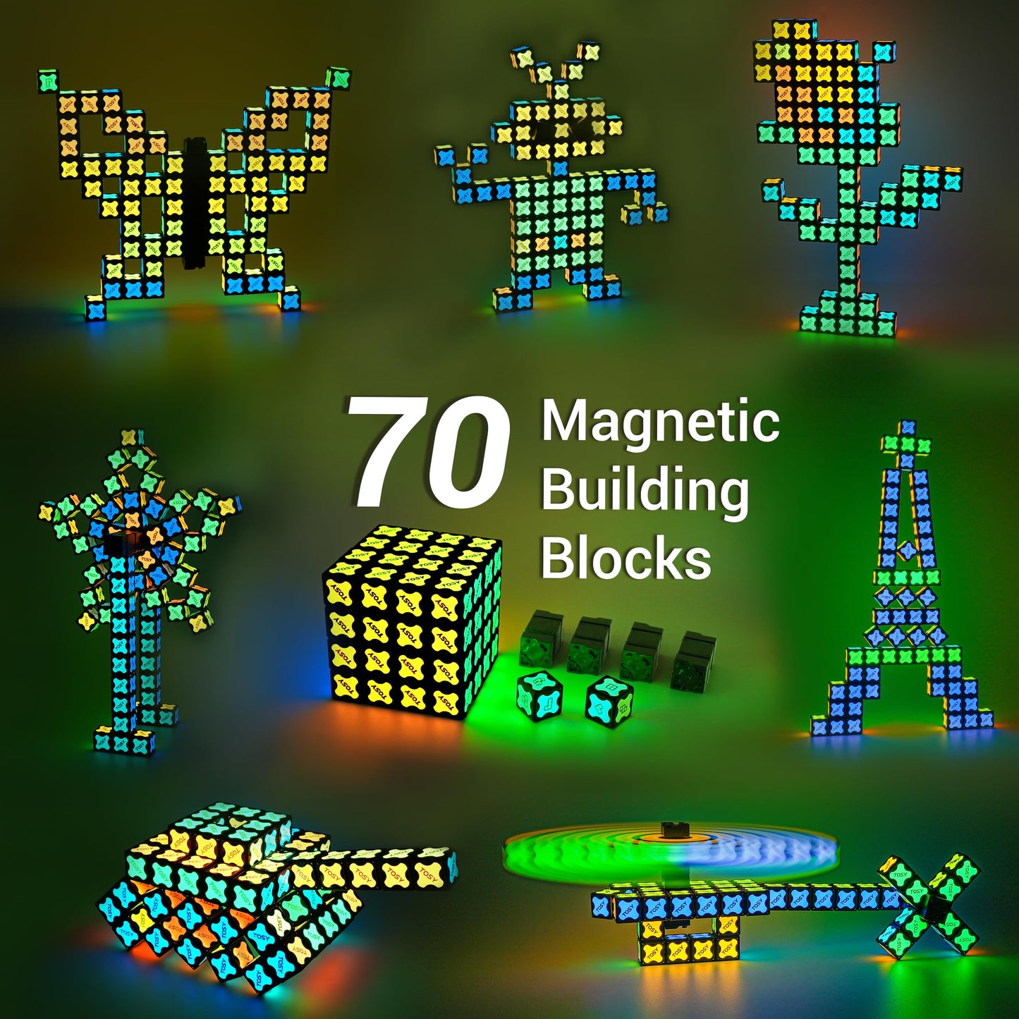 TOSY Magnet Cube 4x4 – 560 Magnets, 70 Blocks, Glow-in-the-Dark STEM Toy & Transformable Fidget Spinner