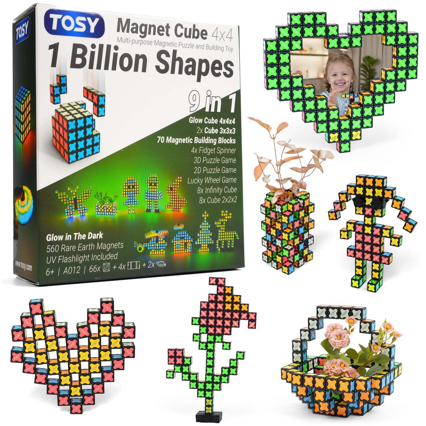 TOSY Magnet Cube 4x4 – 560 Magnets, 70 Blocks, Glow-in-the-Dark STEM Toy & Transformable Fidget Spinner