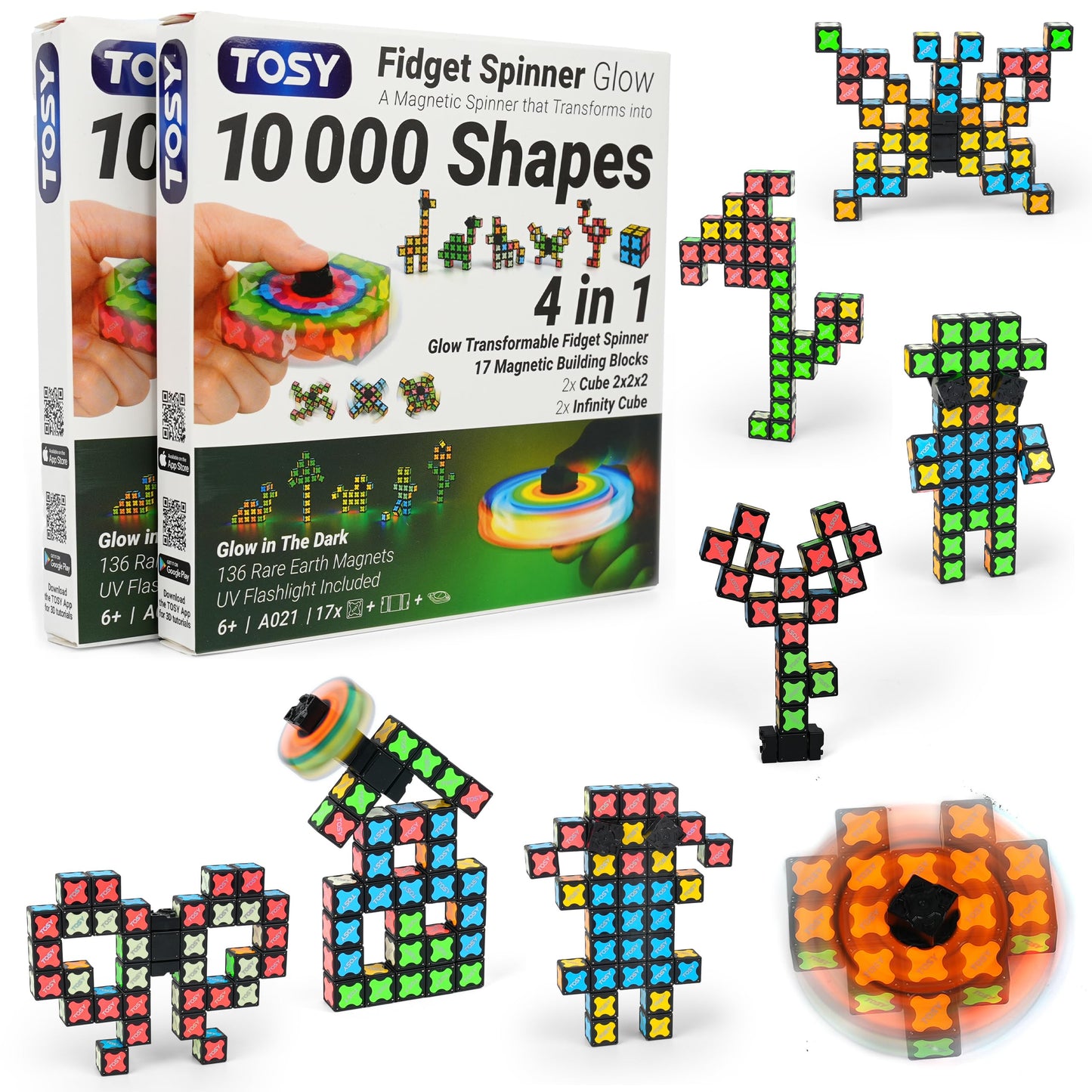 TOSY Magnet Fidget Spinner Glow - 16 Blocks, 3in1 Transformable Toy (2-Pack)