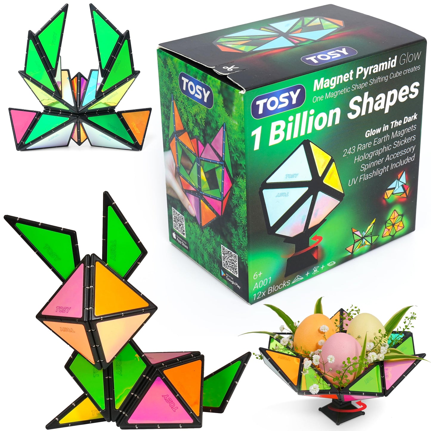 TOSY Magnet Pyramid Glow — 1 Cube Transforms Into 1 Billion Shapes (STEM Puzzle Toy)
