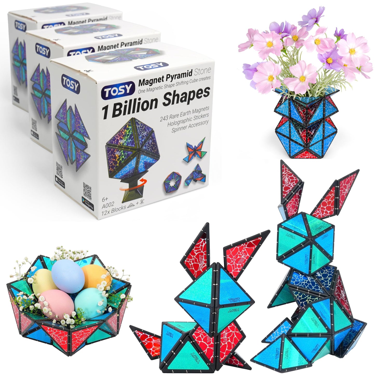 TOSY Magnet Pyramid Stone: 1 Cube to 1 Billion Shapes, 12 Pieces, 243 Magnets, Holographic Design