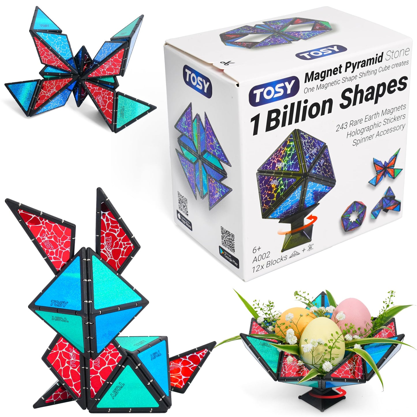 TOSY Magnet Pyramid Stone: 1 Cube to 1 Billion Shapes, 243 Magnets + Spinner