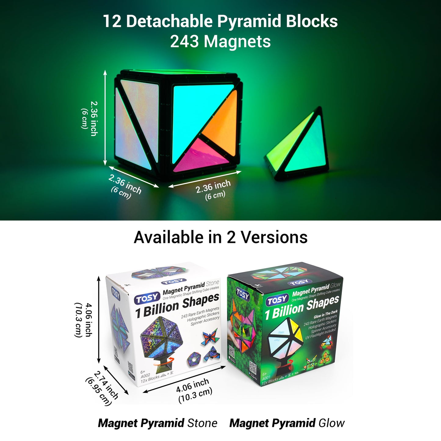 TOSY Magnet Pyramid Stone: 1 Cube to 1 Billion Shapes, 12 Pieces, 243 Magnets, Holographic Design