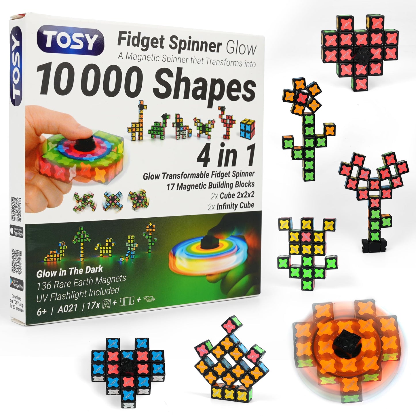 TOSY Magnet Fidget Spinner Glow – 16 Blocks, 3-in-1 Toy | Transformable Spinner, Glow Cube & Puzzle