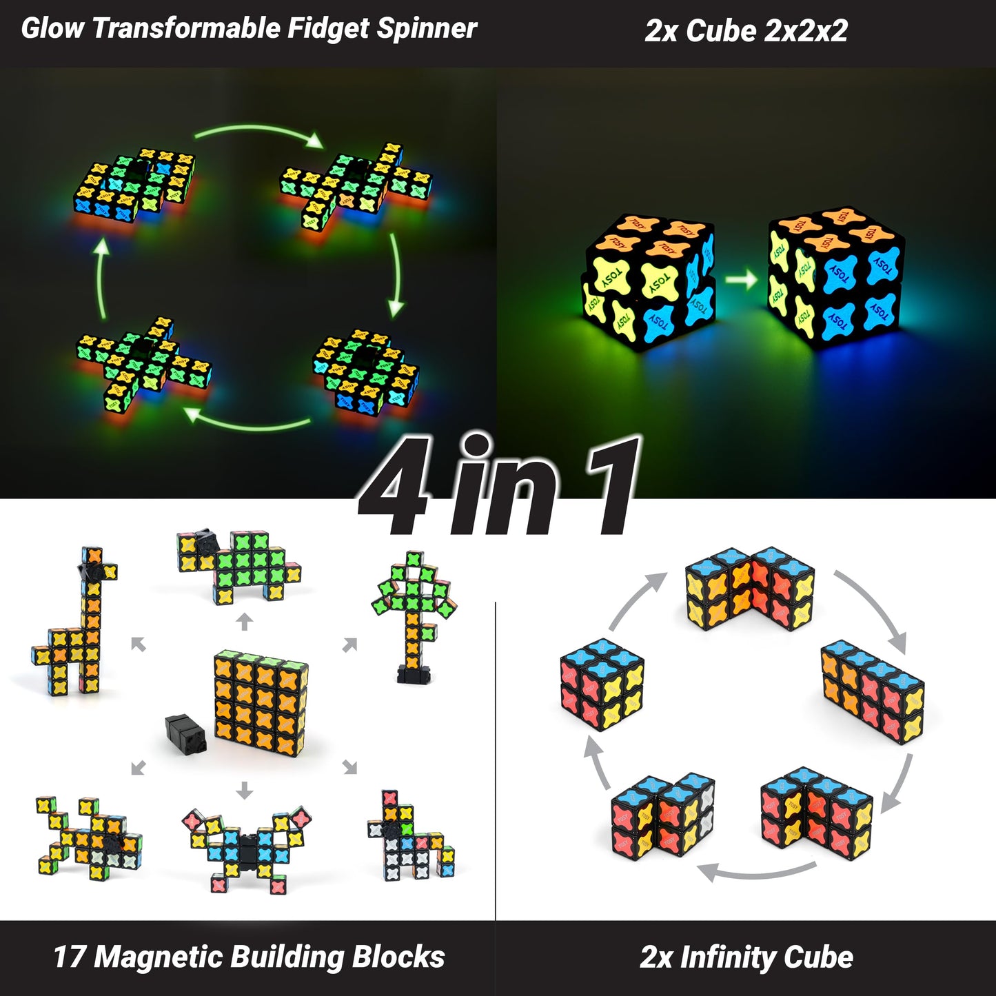 TOSY Magnet Fidget Spinner Glow - 16 Blocks, 3-in-1 Transformable Toy (2-Pack)
