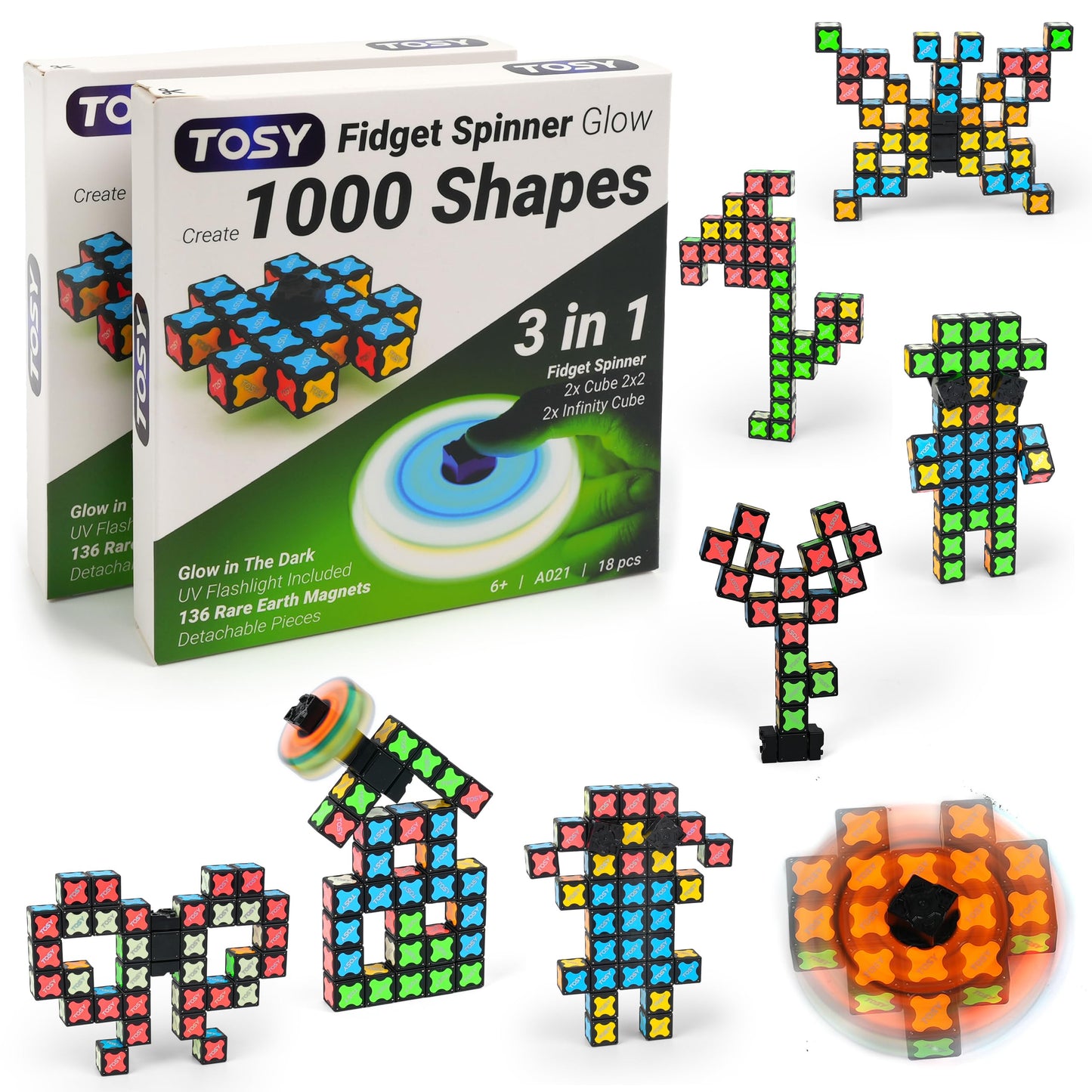 TOSY Magnet Fidget Spinner Glow - 16 Blocks, 3-in-1 Transformable Toy (2-Pack)