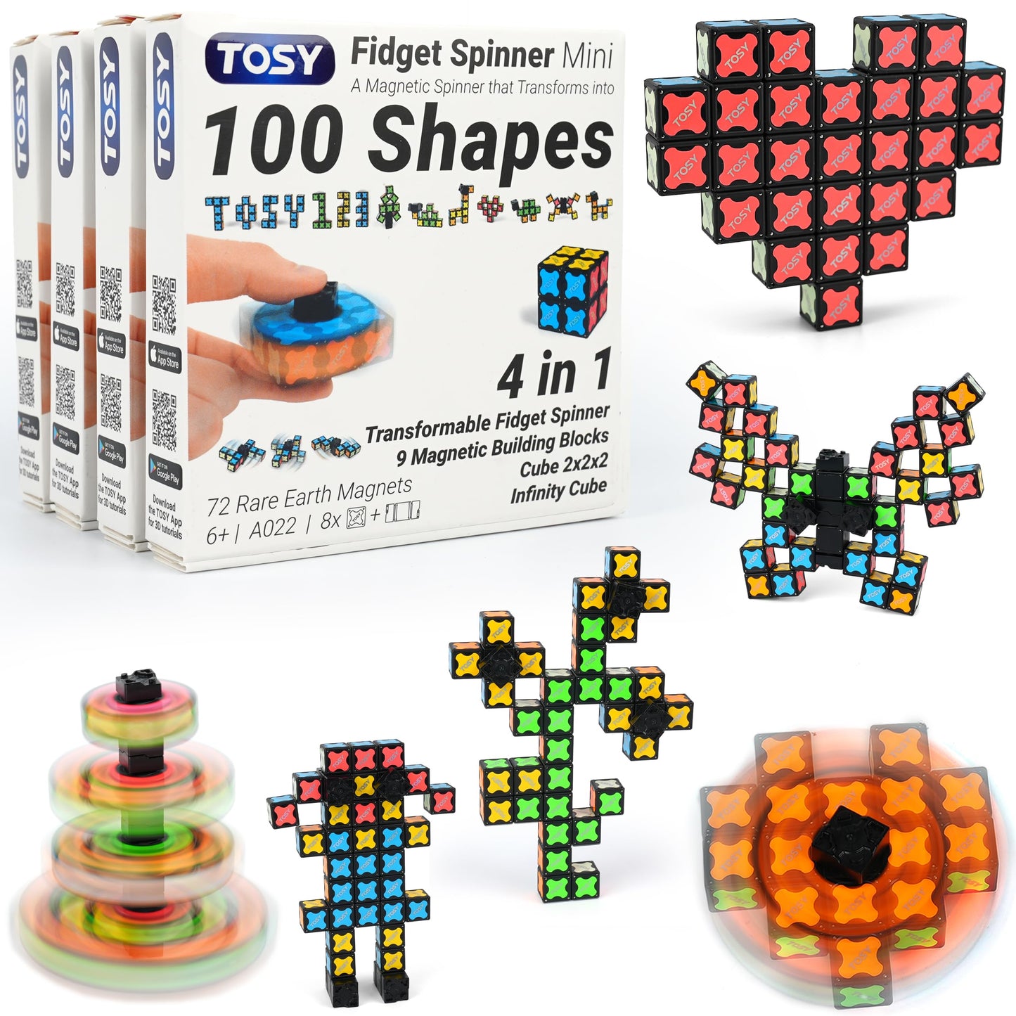 TOSY Magnet Fidget Spinner Mini – 8 Blocks, 3-in-1 Transformable Toy (4-Pack)