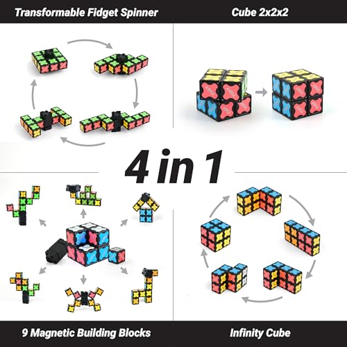 TOSY Magnet Fidget Spinner Mini – 8 Blocks, 3-in-1 Transformable Toy (4-Pack)