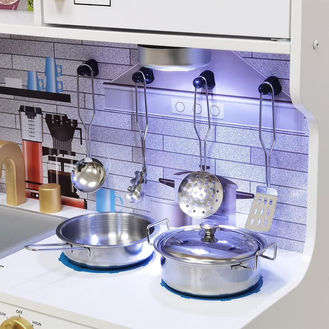 Touch Us Kids Play Kitchen Set with Lights – Realistic Wooden Pretend Kitchen (Ages 3-8)