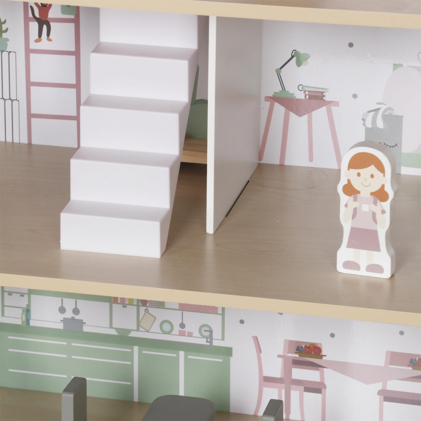 Touch Us Wooden Pink Doll House with Balcony — 12-Piece Furniture Set for Kids