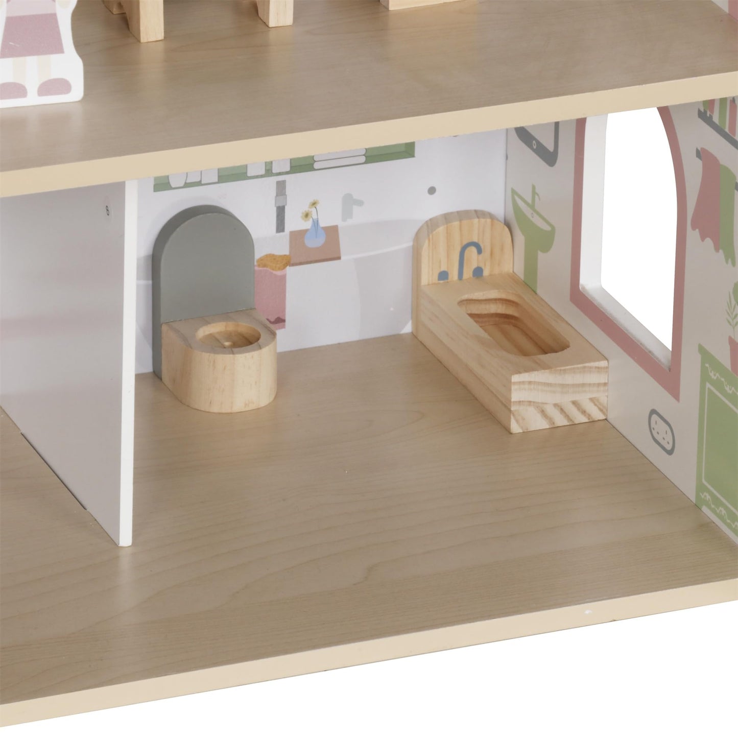 Touch Us Wooden Pink Doll House with Balcony — 12-Piece Furniture Set for Kids