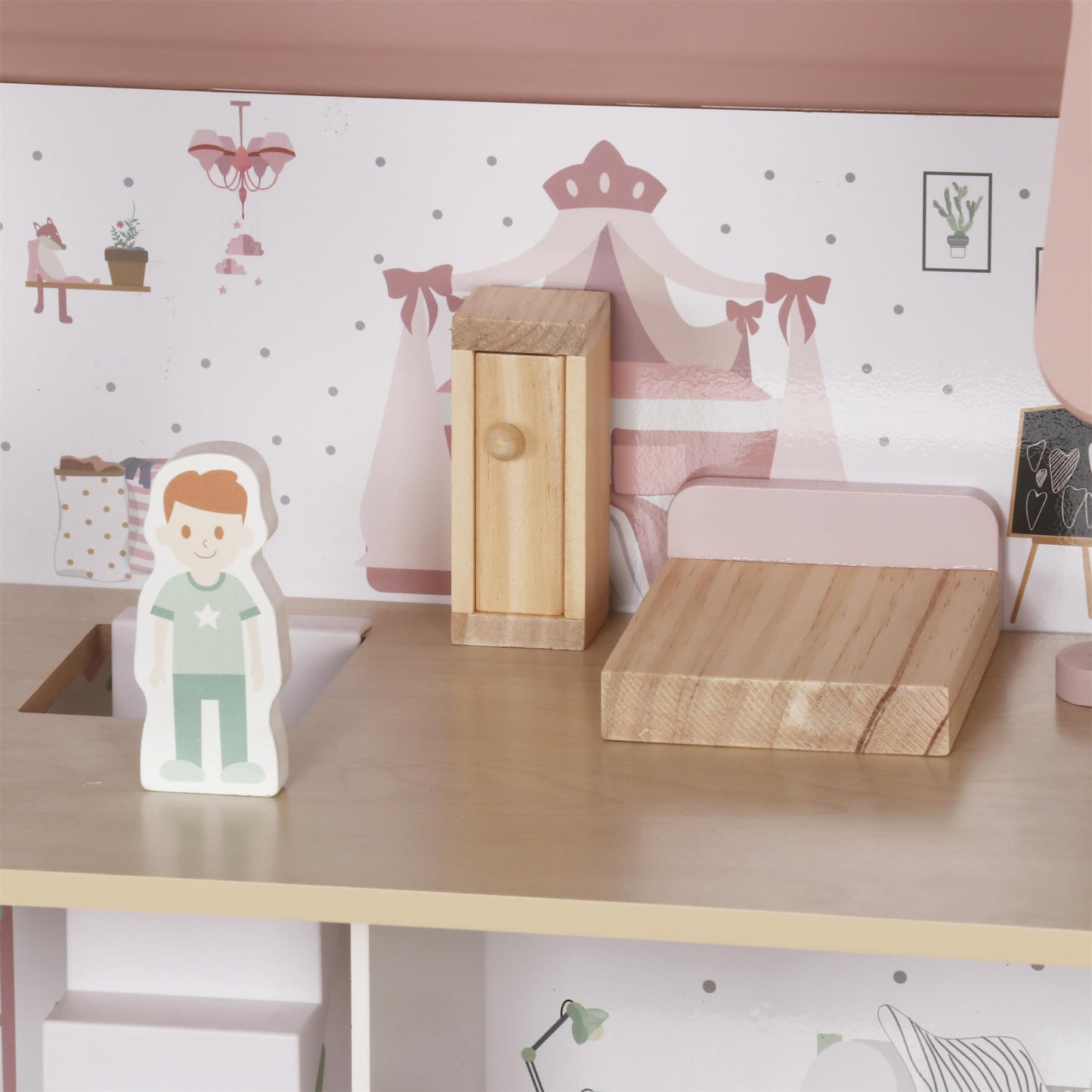 Touch Us Wooden Pink Doll House with Balcony — 12-Piece Furniture Set for Kids