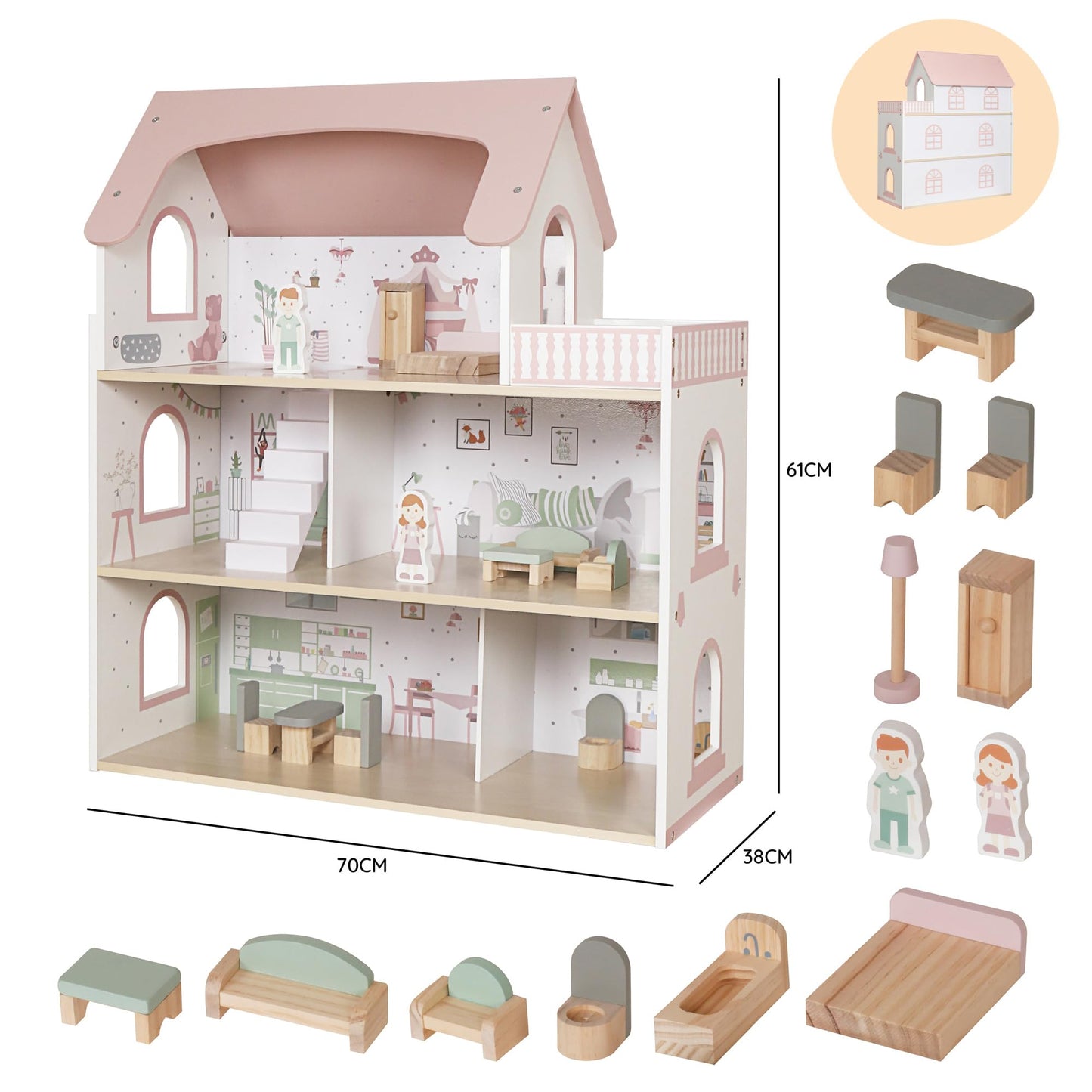 Touch Us Wooden Pink Doll House with Balcony — 12-Piece Furniture Set for Kids