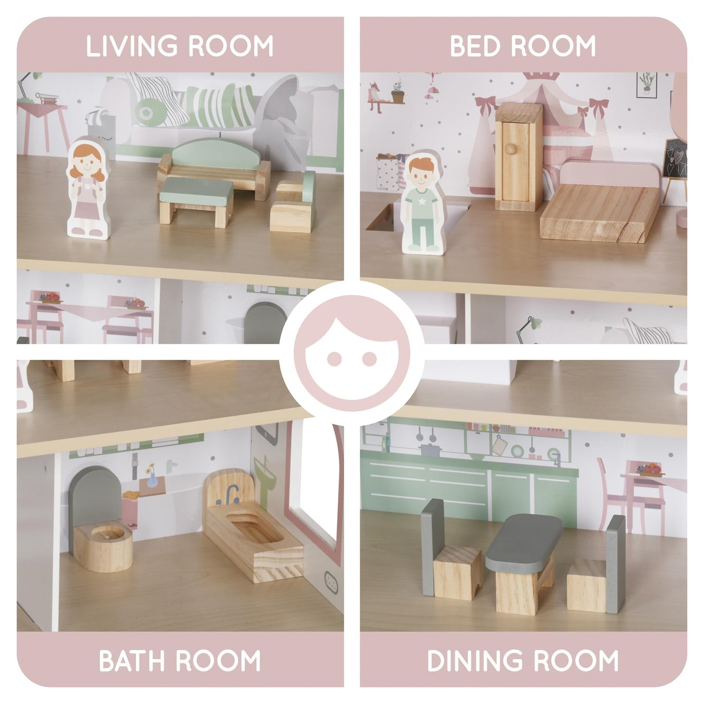 Touch Us Wooden Pink Doll House with Balcony — 12-Piece Furniture Set for Kids