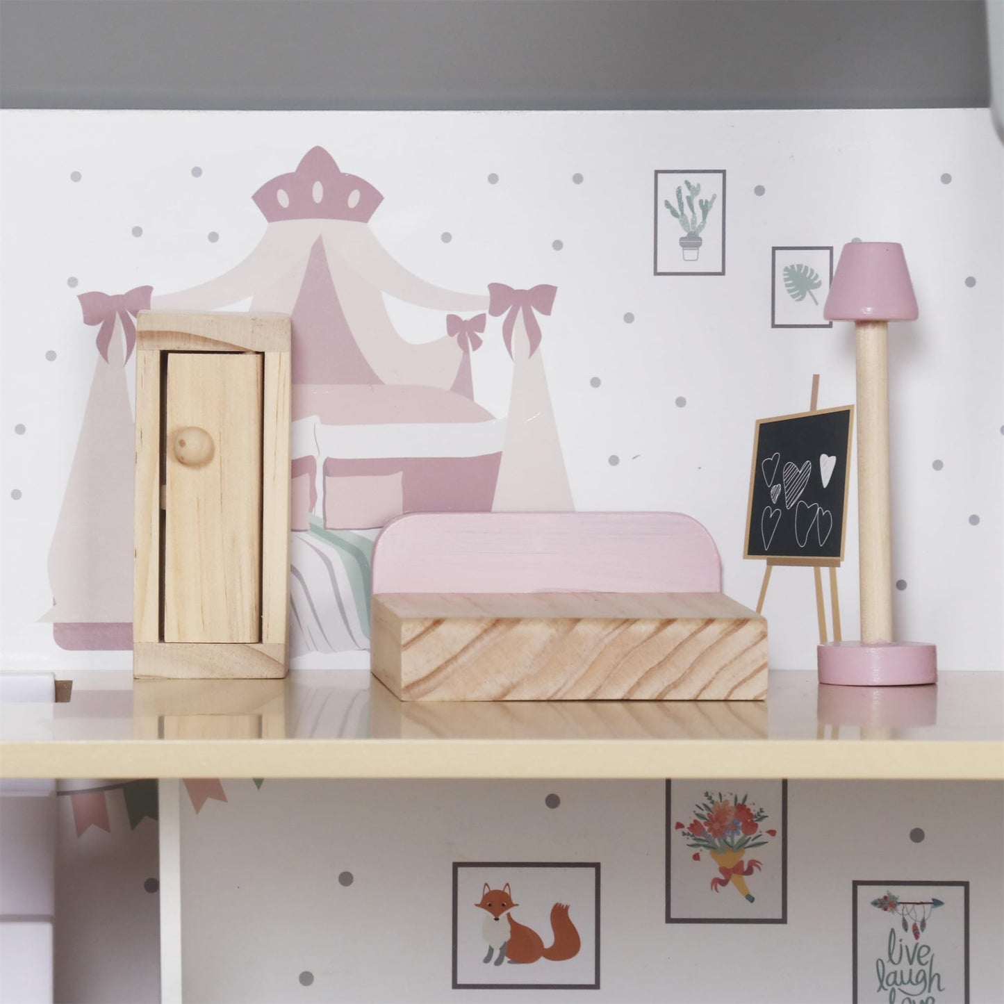Touch Us Wooden Dream Playhouse with Balcony – 3-Level Doll House with 12 Accessories