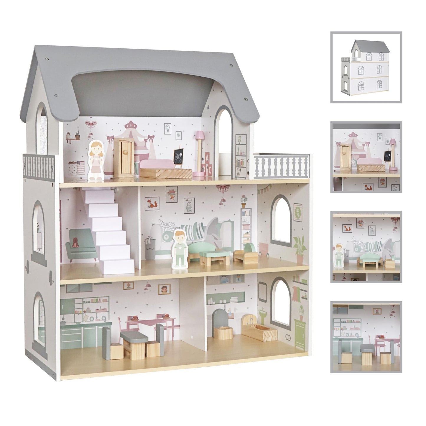 Touch Us Wooden Dream Playhouse with Balcony – 3-Level Doll House with 12 Accessories