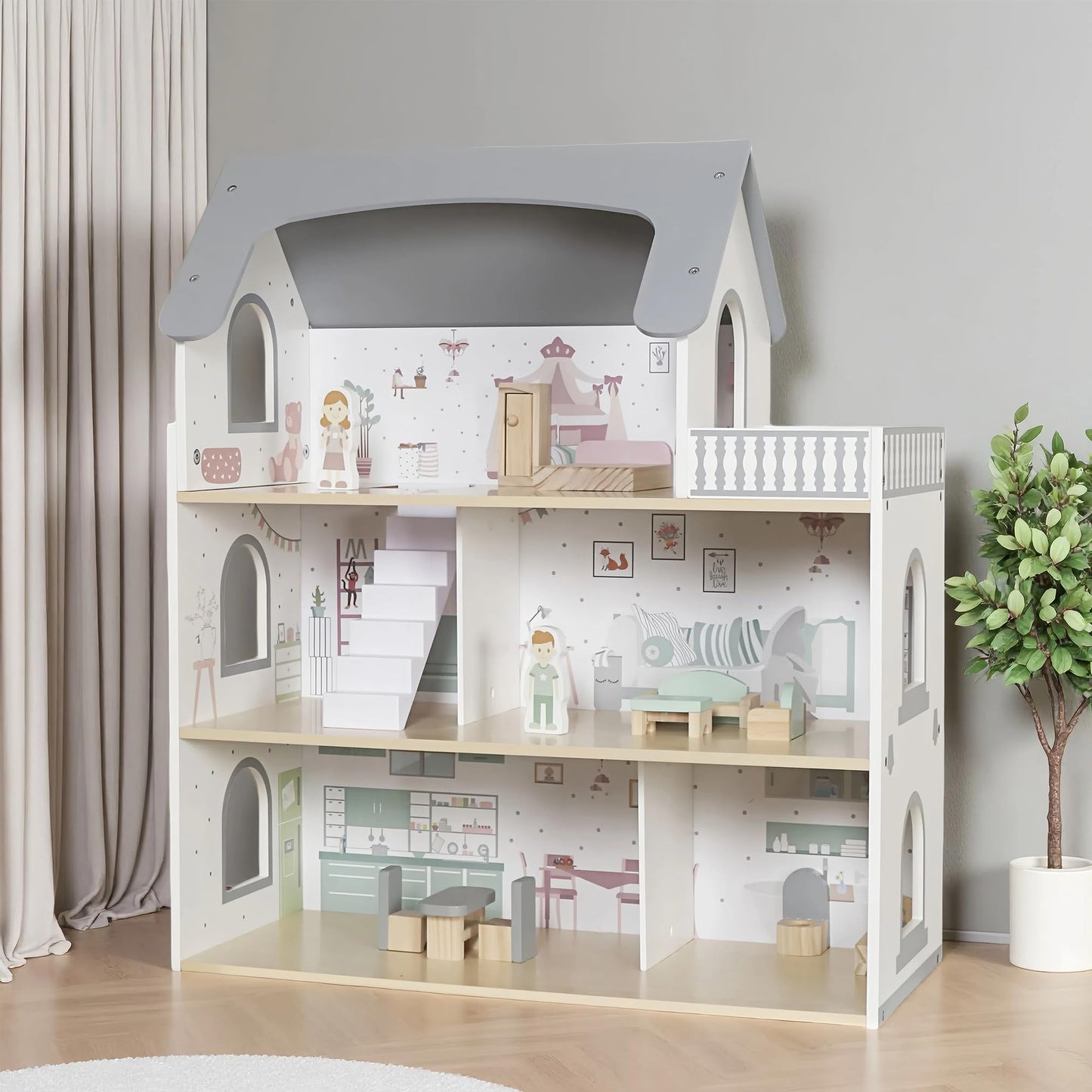 Touch Us Wooden Dream Playhouse with Balcony – 3-Level Doll House with 12 Accessories