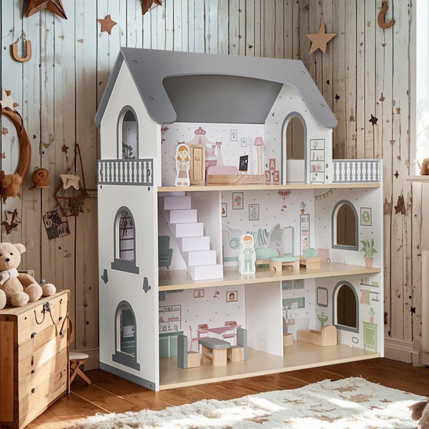 Touch Us Wooden Dream Playhouse with Balcony – 3-Level Doll House with 12 Accessories