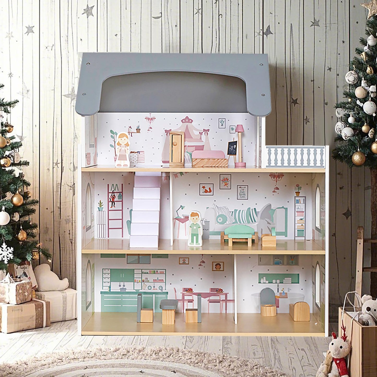 Touch Us Wooden Dream Playhouse with Balcony – 3-Level Doll House with 12 Accessories