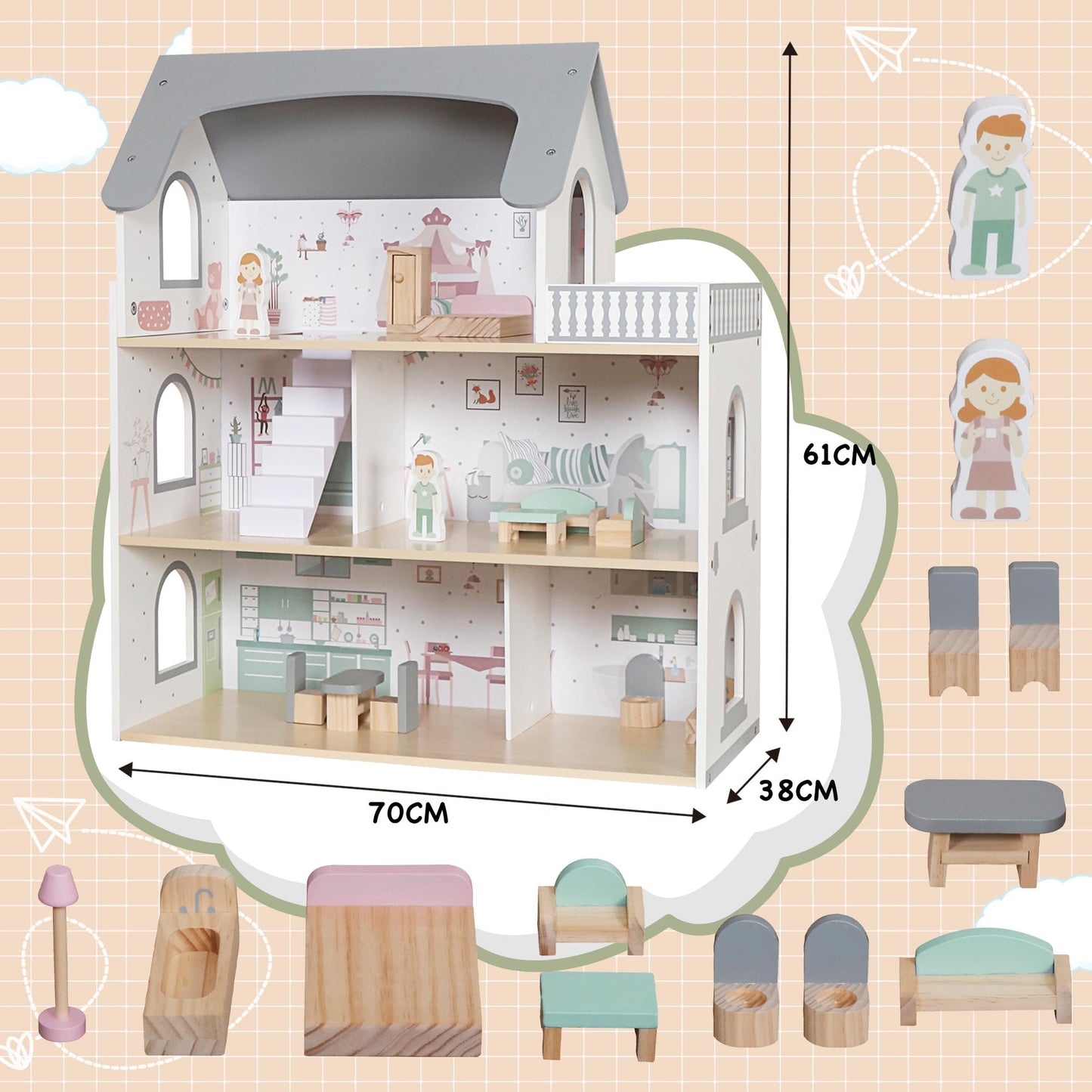 Touch Us Wooden Dream Playhouse with Balcony – 3-Level Doll House with 12 Accessories