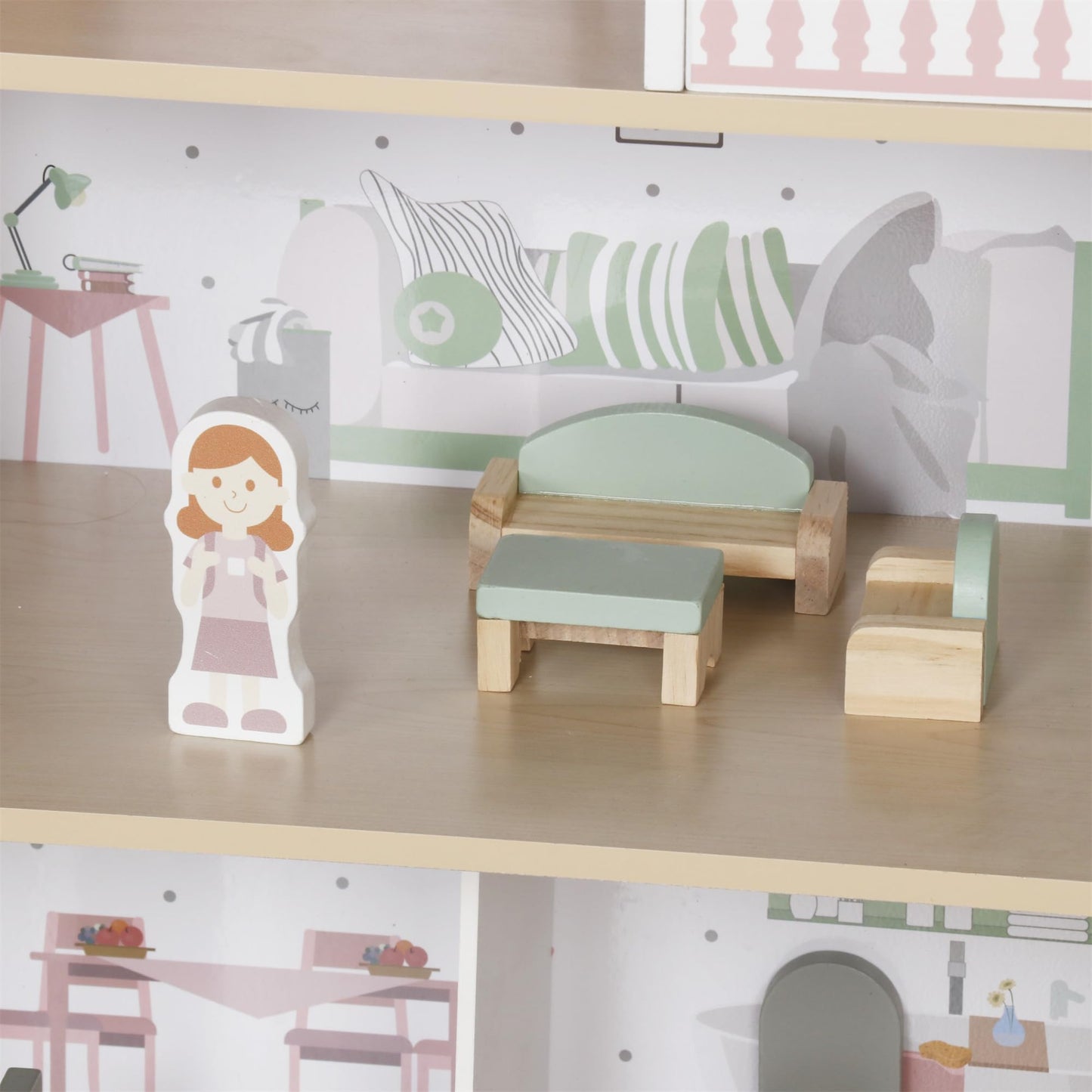 Touch Us Wooden Pink Doll House with Balcony — 12-Piece Furniture Set for Kids