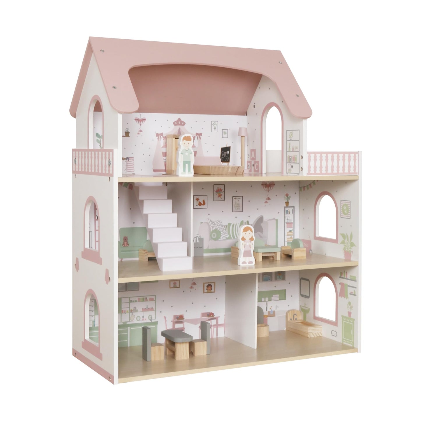 Touch Us Wooden Pink Doll House with Balcony — 12-Piece Furniture Set for Kids
