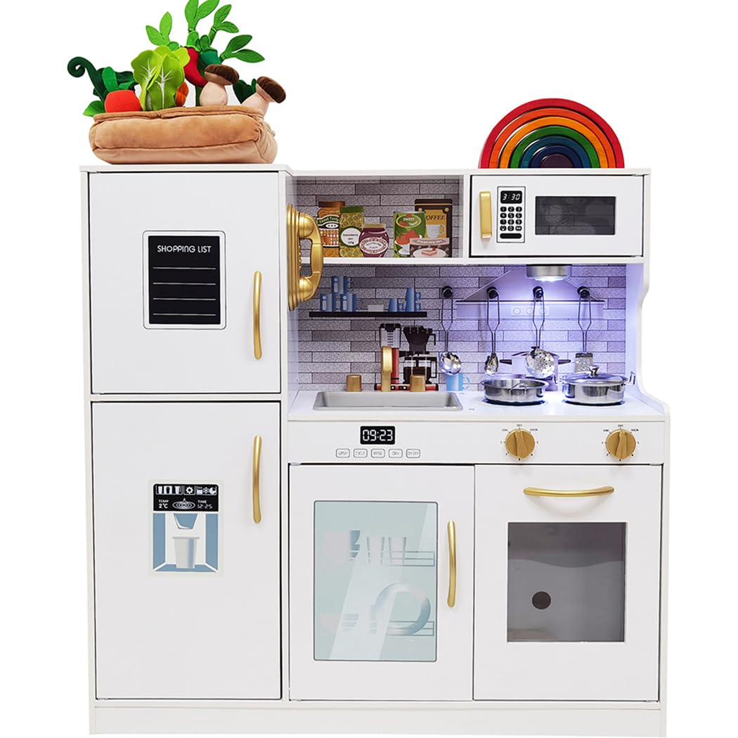 Touch Us Kids Play Kitchen Set with Lights – Realistic Wooden Pretend Kitchen (Ages 3-8)