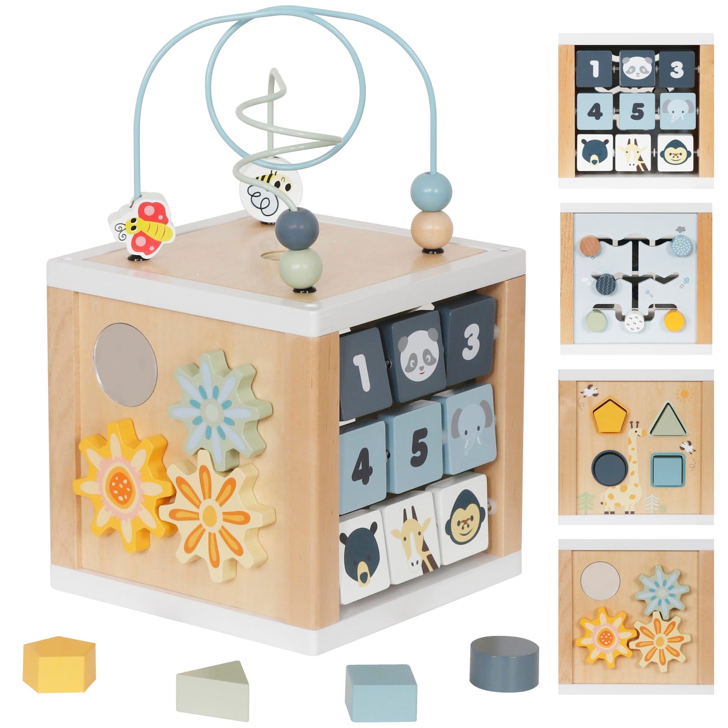 Touch Us Wooden Activity Cube 6-in-1 Montessori Toy for 1+ Year Olds | Bead Maze, Shape Sorter, Mirror & Gears