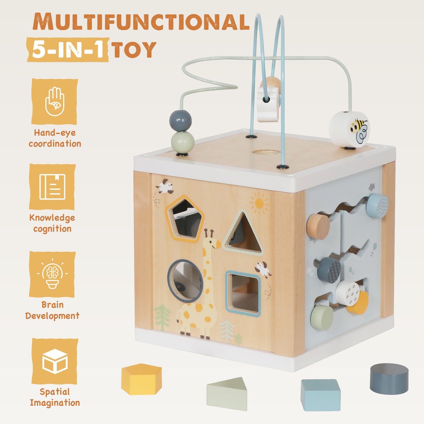 Touch Us Wooden Activity Cube 6-in-1 Montessori Toy for 1+ Year Olds | Bead Maze, Shape Sorter, Mirror & Gears