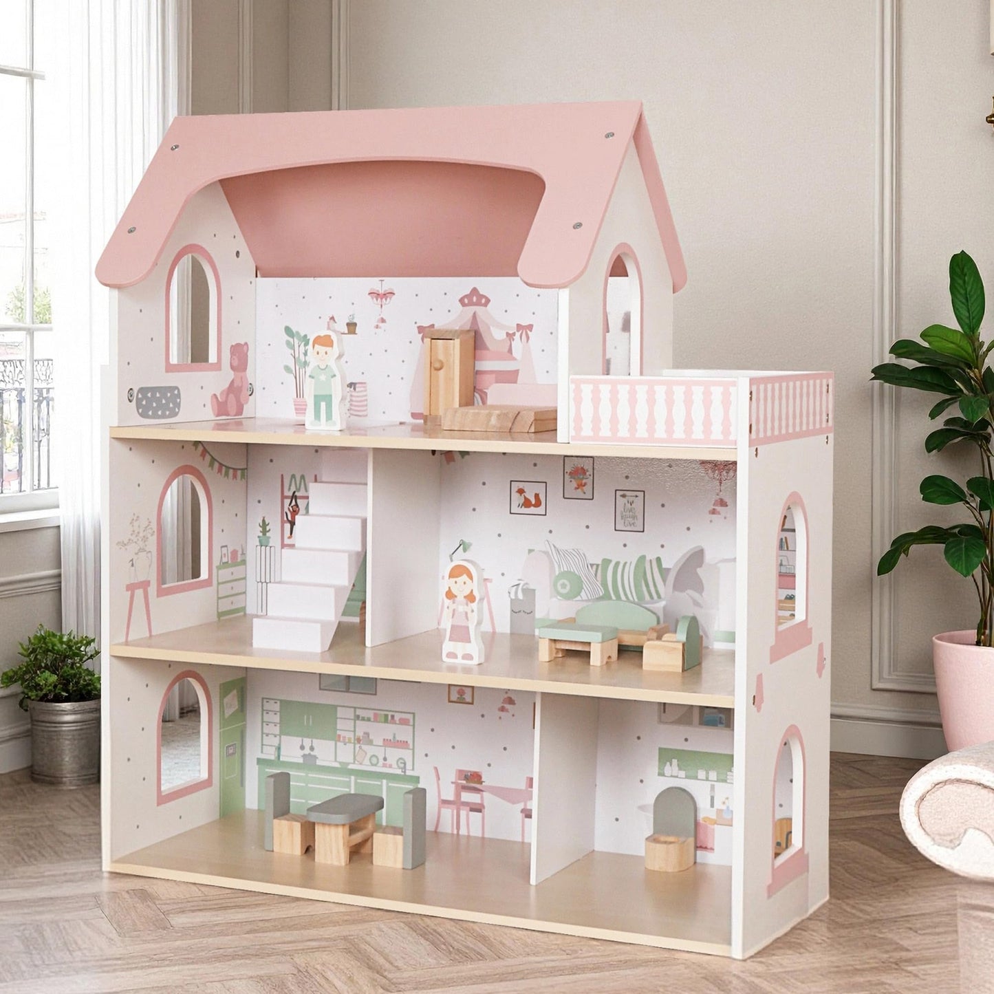 Touch Us Wooden Pink Doll House with Balcony — 12-Piece Furniture Set for Kids