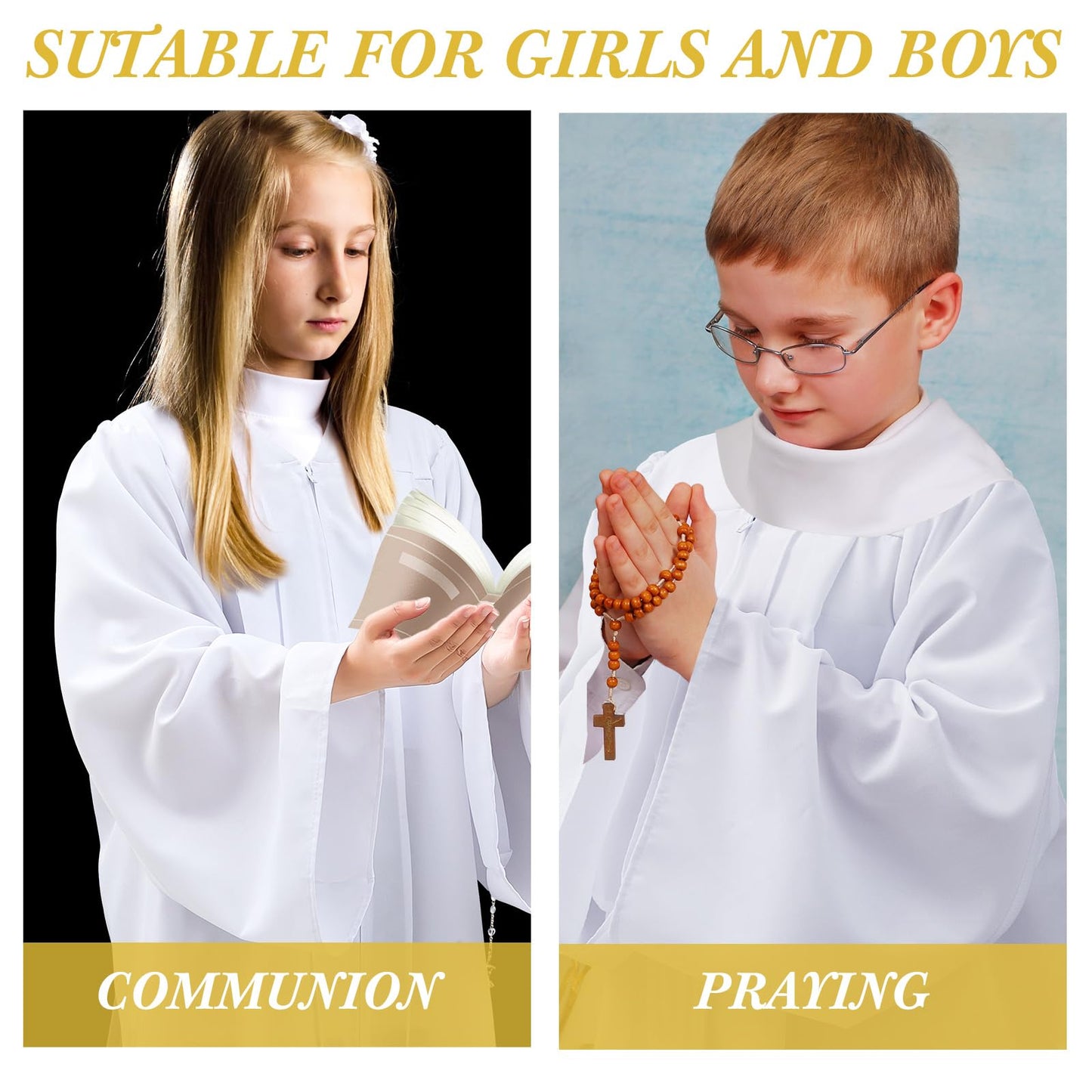 Toulite 6-Piece Kids Matte White Choir Robes Set | Unisex for Baptism, Church Events & Costumes