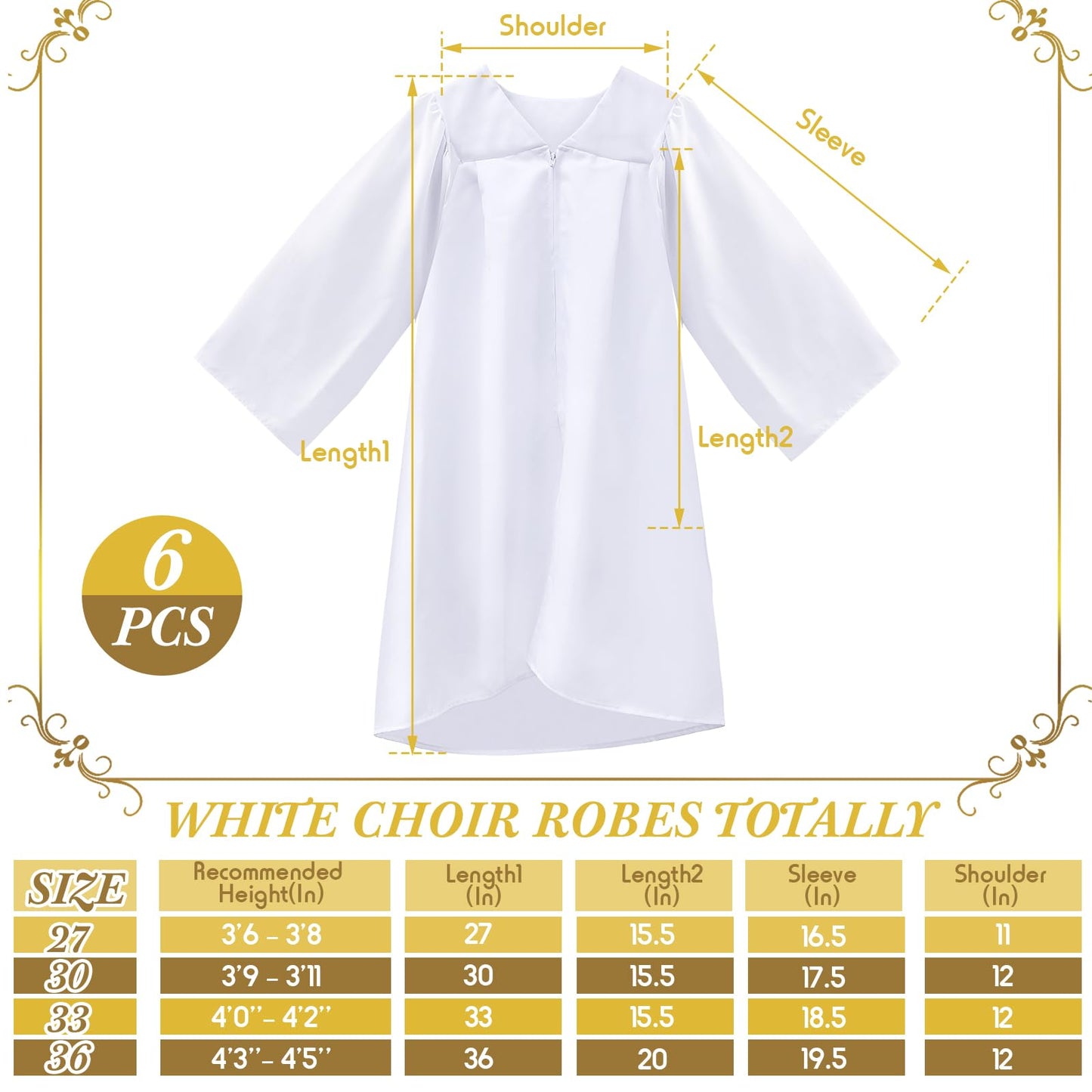 Toulite 6-Piece Kids Matte White Choir Robes Set | Unisex for Baptism, Church Events & Costumes