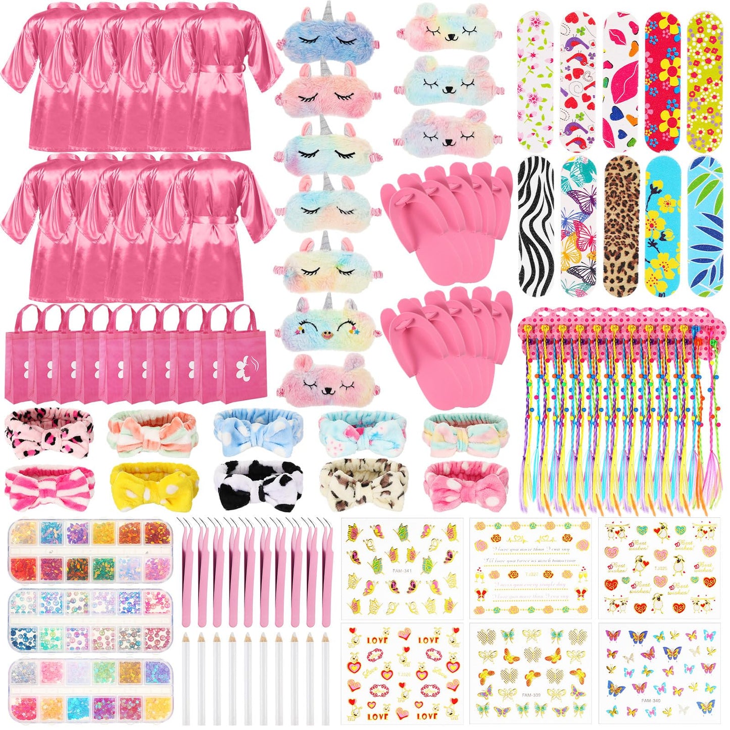 Toulite 10-Set Spa Party Kit – Satin Robes, Slippers & Nail Accessories (Pink)