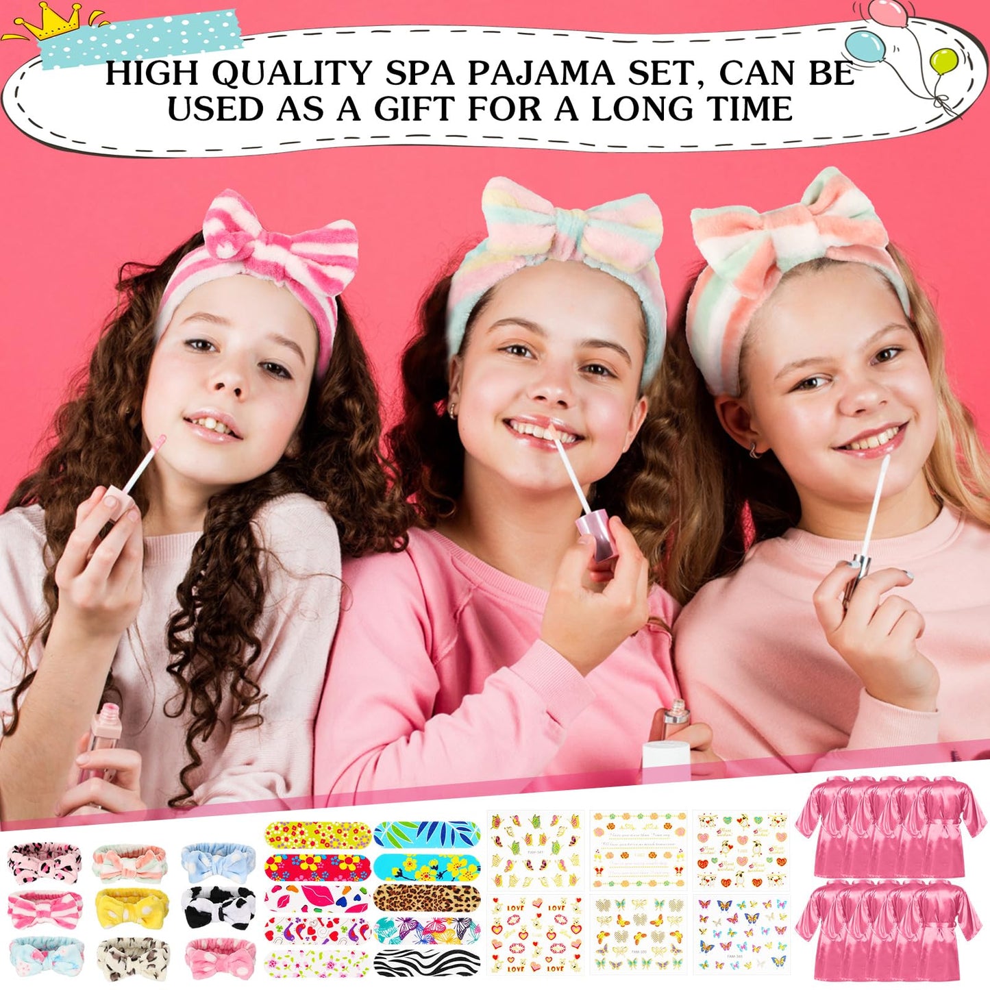 Toulite 10-Set Spa Party Kit – Satin Robes, Slippers & Nail Accessories (Pink)